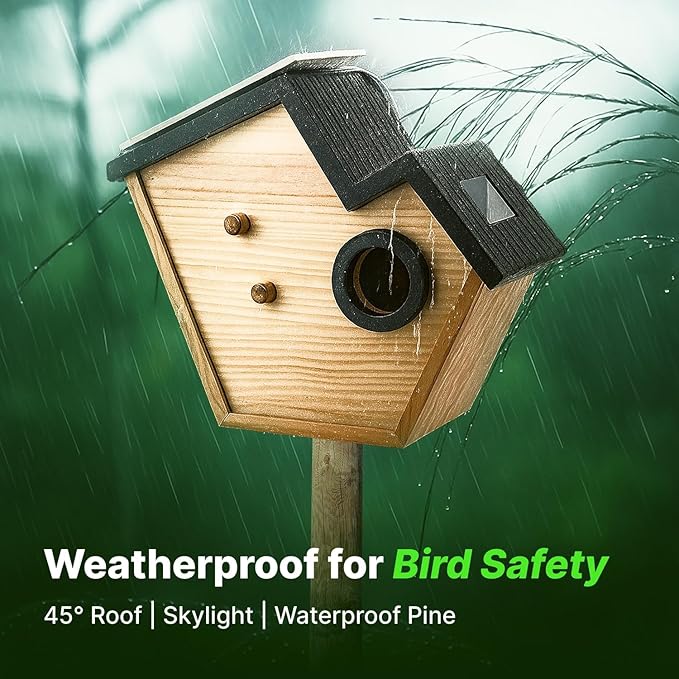 Smart Birdhouse with 2K HD Camera, Solar Powered & Battery, Night Vision, AI Bird Identification, Real-Time Alerts, APP Control, Outdoor Wooden Bird House, Ideal Gift for Bird Lovers