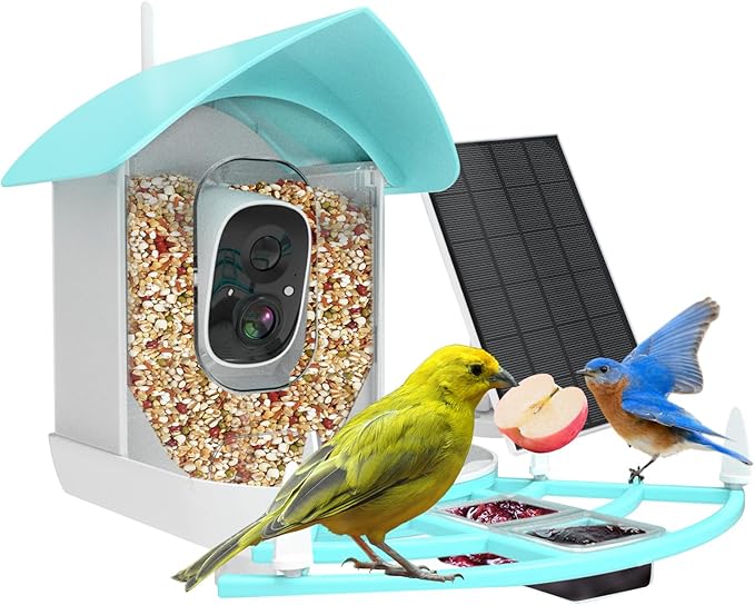 Smart Bird Feeder with Camera,AI Identify Birds Breed,Solar Powered WiFi FHD 2K Live View Camera,Auto Capture Video,Backyard Garden Bird Watching,Motion Detection,Cloud and SD Card Storage,Blue