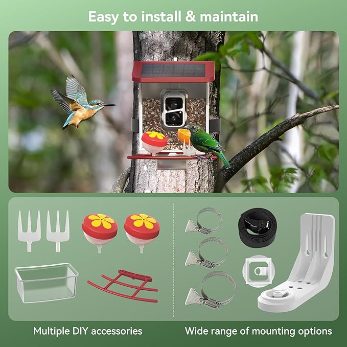 Smart Bird Feeder with Camera, Solar Bird Feeder - 2K HD Live Video Camera AI Identify Birds, Visible Window Auto Capture -Instant Arrival Alerts, Birds Lover Gifts (Red)