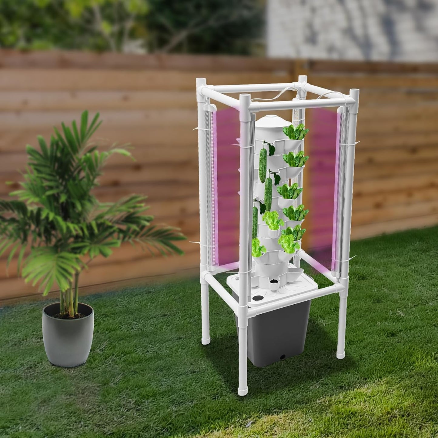 Vertical Hydroponic Tower Growing System,6Tiers 30Pods Home Hydronic Garden Kit with Water Pump&LED Light,Water Circulation Plants Germination System for Indoor Herbs Fruits & Vegetable (grey)