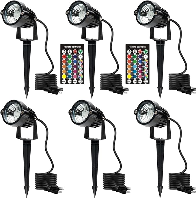 Spot Lights Outdoor Spotlights with Timer, RGB 5W 120V Waterproof Landscape Uplights for Lawn, Yard, Trees, Garden, 6 FT Cord, US Plug, 6 Lights