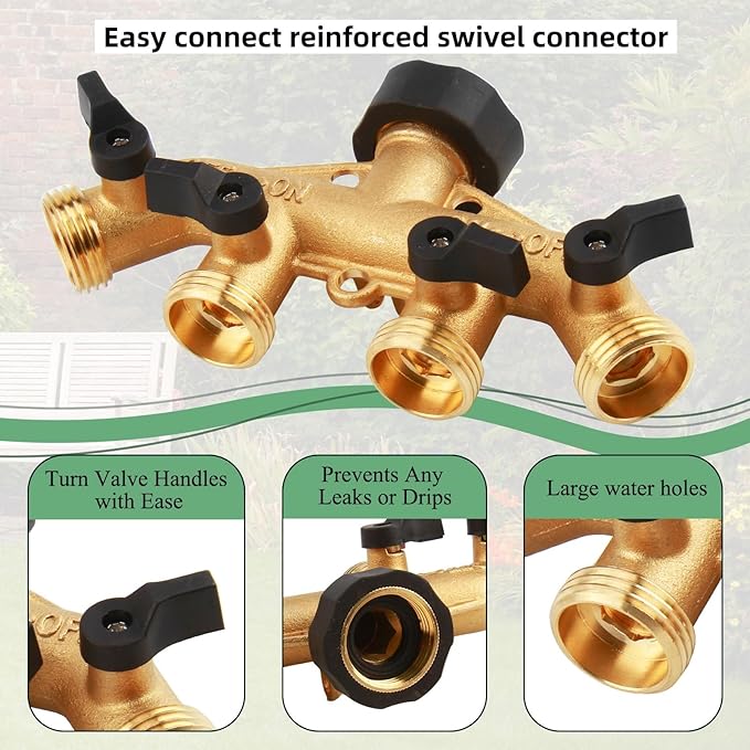 4 Way Hose Splitter Garden Hose Connector, 3/4" Hose Connector with 4 Valves, Hose Bib Splitter Outdoor Faucet Splitter for Efficient Water Distribution and Control