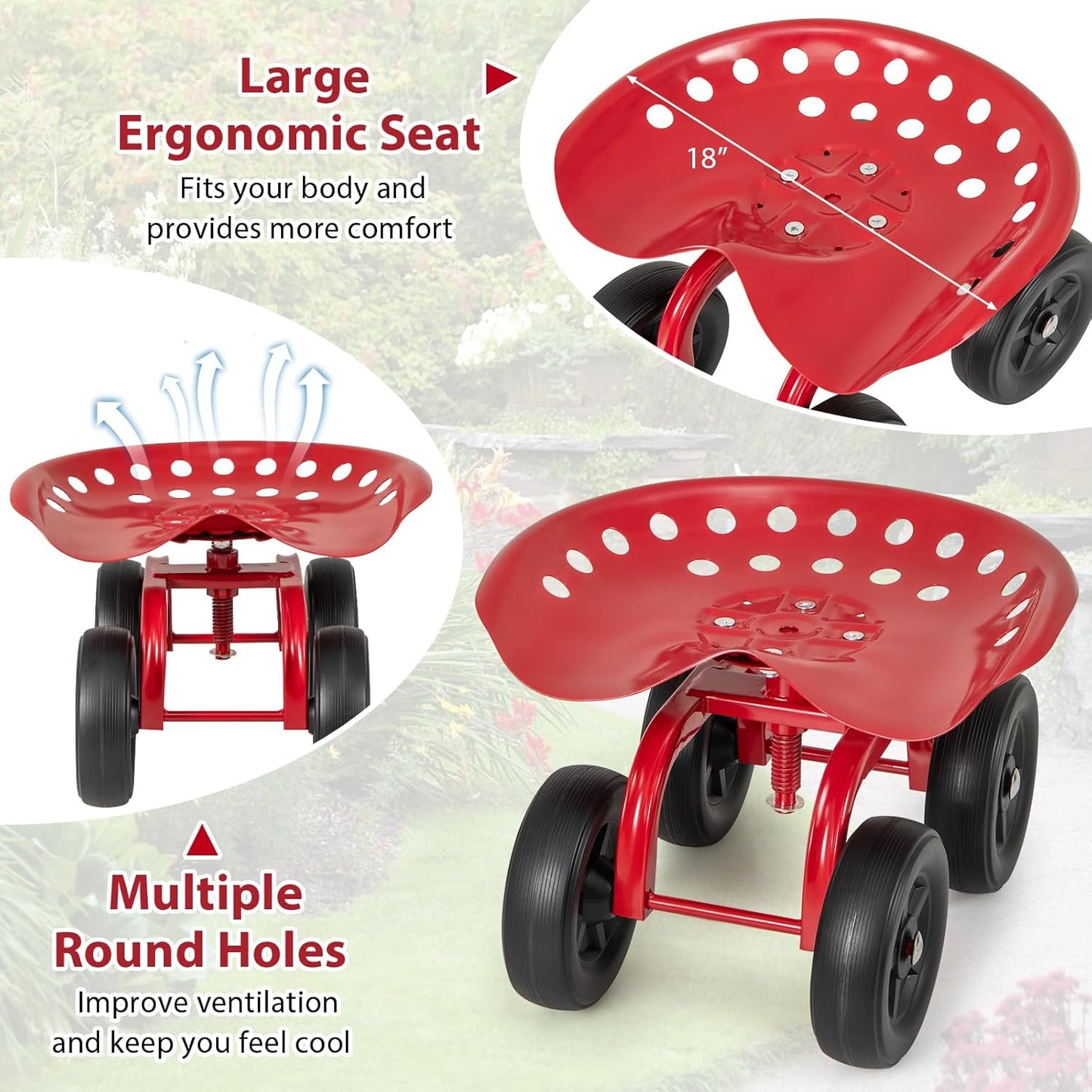 Goplus Garden Cart with Wheels, Utility Stool Cart w/Adjustable 360 Degree Swivel Seat, Outdoor Lawn Yard Rolling Work Seat, Garden Scooter for Planting (Red)