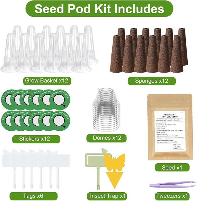 12-Pod Gourmet Herb Seed Kit Compatible with All Hydroponics, Hydroponic Growing Kit with Seeds & Grow Sponges – Indoor Garden Starter Set for Fresh Herbs & Vegetables (Basil)