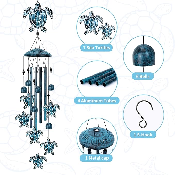 Sea Turtle Wind Chimes for Outside, Large Turtle Garden Decor, Unique Sea Animal Decor for Mom, Grandma, 40" Outdoor Windchimes for Lawn, Porch, Patio, Yard, Christmas