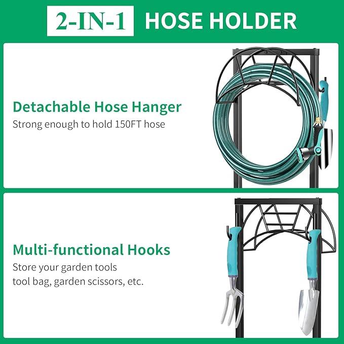 TomCare Garden Hose Holder 4 Spikes Garden Hose Reel Hose Stand Upgraded Water Hose Storage with Tool Hooks Garden Hose Hanger Organizer Holds 160ft Hoses for Outside Yard Lawn, Black
