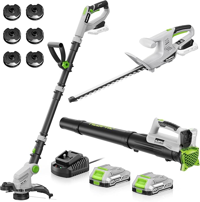 Cordless String Trimmer + Leaf Blower + Hedge Trimmer Combo 20V Ultra-Lightweight Garden Tool Set, 400 CFM Electric Blower & 18-Inch Bush Trimmers & 12-Inch Weed Wacker with Battery & Charger