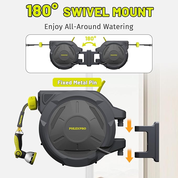 Retractable Garden Hose Reel 1/2 in x 160Ft Extra Long,Heavy Duty Automatic Water Hose Reel Wall Mounted with 10 Pattern Nozzle, Any Length Lock, Slow Return System, 180ยฐSwivel Bracket