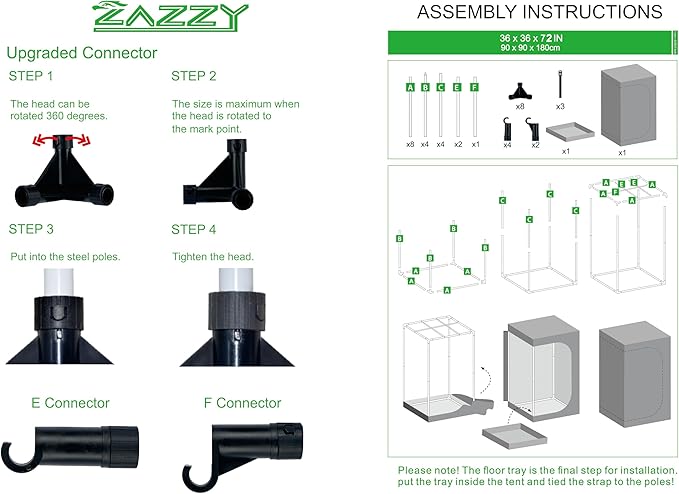 zazzy Grow Tent 3x3 FT, 36"x36"x72" Plant Tent Growing Tent High Reflective Mylar with Observation Window and Removable Floor Tray for Hydroponics Indoor Plant Growing