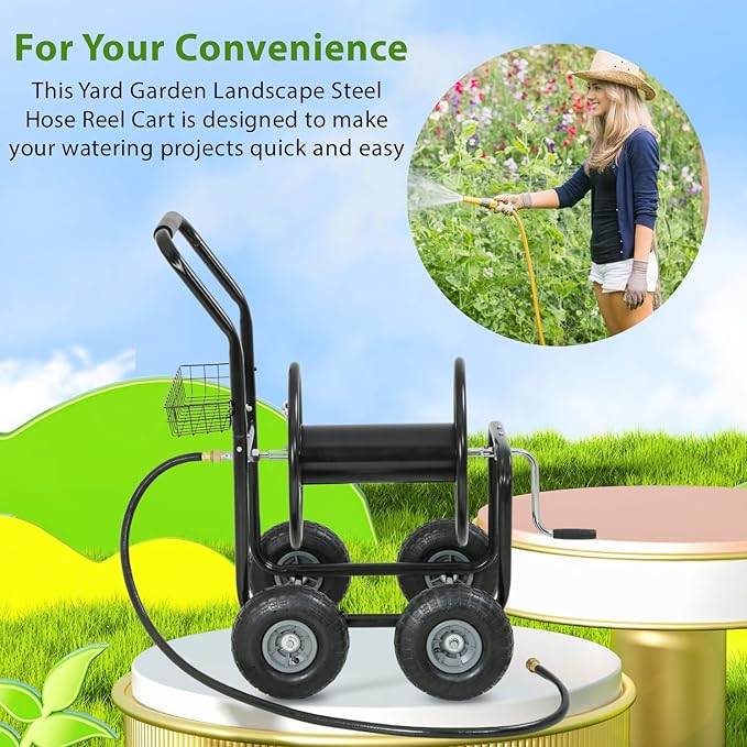 Garden Water Hose Reel Cart Tools with Wheels Garden Lawn Water Truck Water Planting Cart Heavy Duty Outdoor Yard Water Planting Holds 300-Feet of 5/8-Inch Hose with Storage Basket (Black)