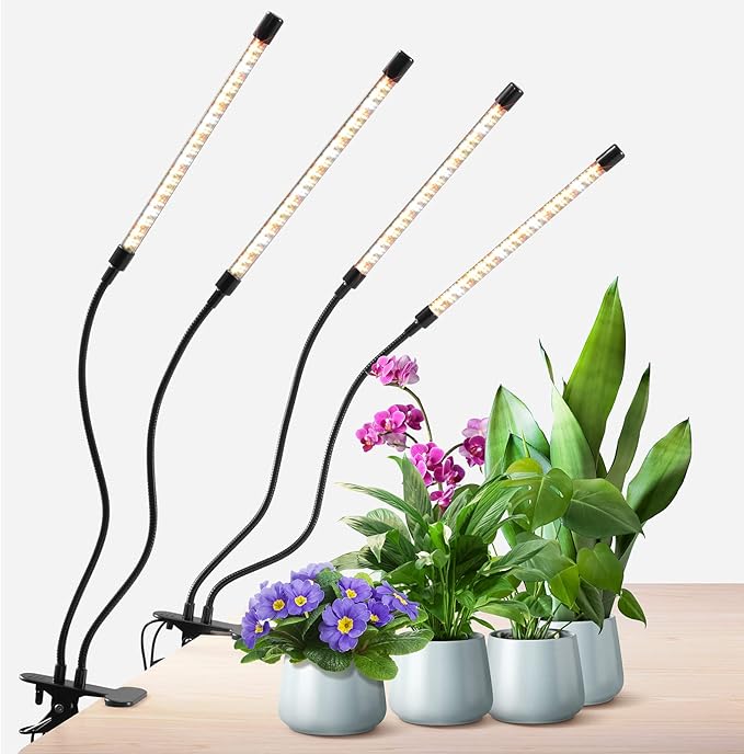 Plant Lights for Indoor Growing, Full Spectrum 4 Heads Clip Grow Lamps with 10 Feet Cables for Houseplants, Auto On Off Timing 3 9 12Hrs(2 Pack)