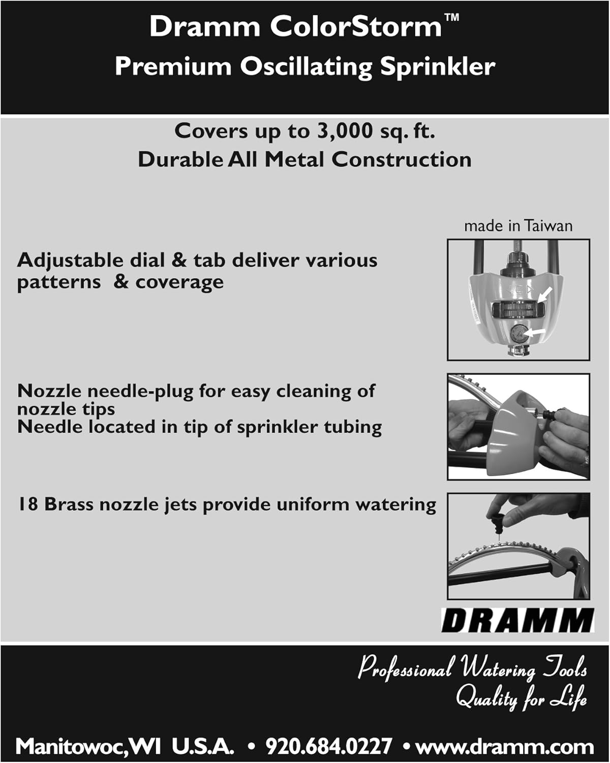 Dramm ColorStorm Premium Oscillating Lawn Sprinkler with Brass Nozzle Jets, Easy Adjust Range Control Covers up to 3,036 Sq Ft, Orange