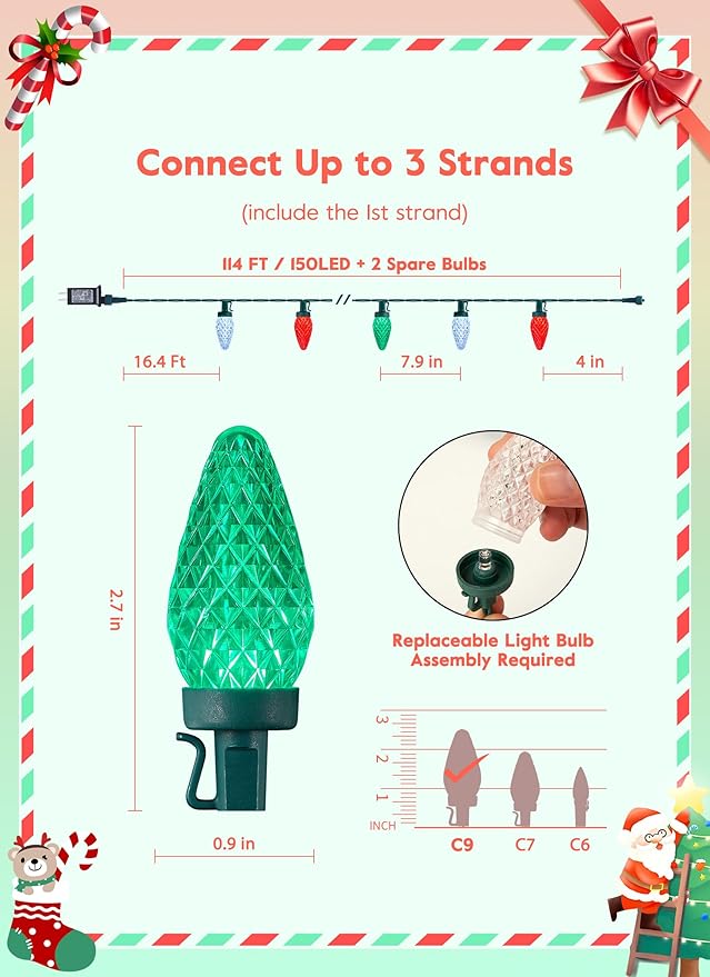 Brightown C9 Christmas Lights Outdoor, 114FT 150 LED String Lights with Timer, 8 Modes, UL Listed Waterproof Christmas Tree Lights for House Roof Garden Patio Decor, Red Green and Pure White