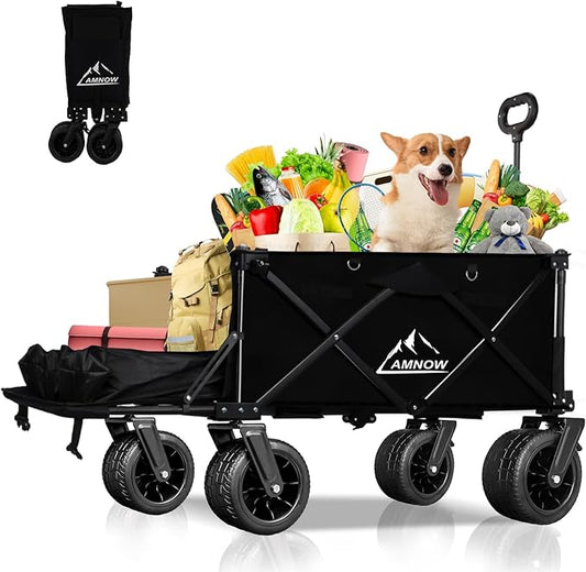 Collapsible Beach Wagon Cart with Big Wheels, 440LBS Upgrade Large Capacity Folding Wagon, Foldable Grocery Cart with Side Pocket and Brakes, Ideal for Sand Camping Outdoor Garden Sports, Black