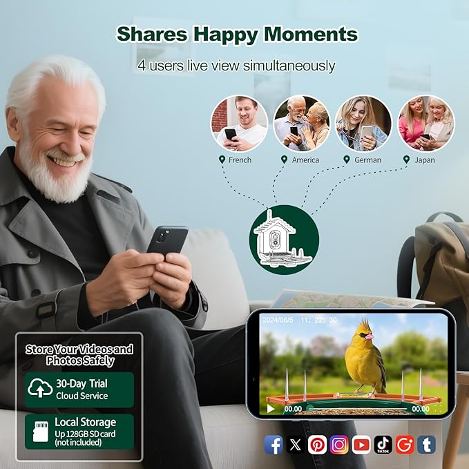 Bird Feeder with Camera,WiFi Smart Bird House with Cam Solar Powered for Outdoor,AI Identify,App Notification,Night Vision,2K Live View,Auto Record Video,Birdwatching Gifts for Family,Birds Lover