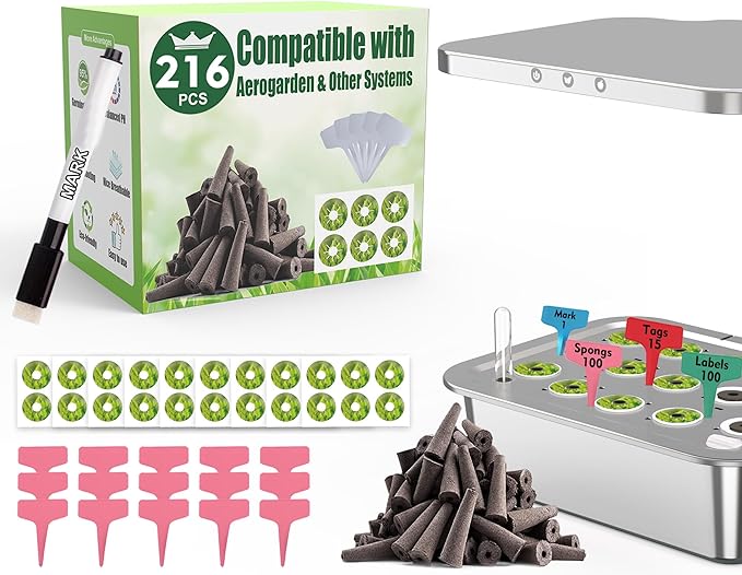216 pcs Seed Pods Kit for Aerogarden, Grow Sponges for Hydroponics Growing System, Grow Pods for Aerogarden Kit with 100 Hydroponic Grow Sponges, 100 Pod Labels, 15 Plant Tags, 1 Mark Pen, Pink