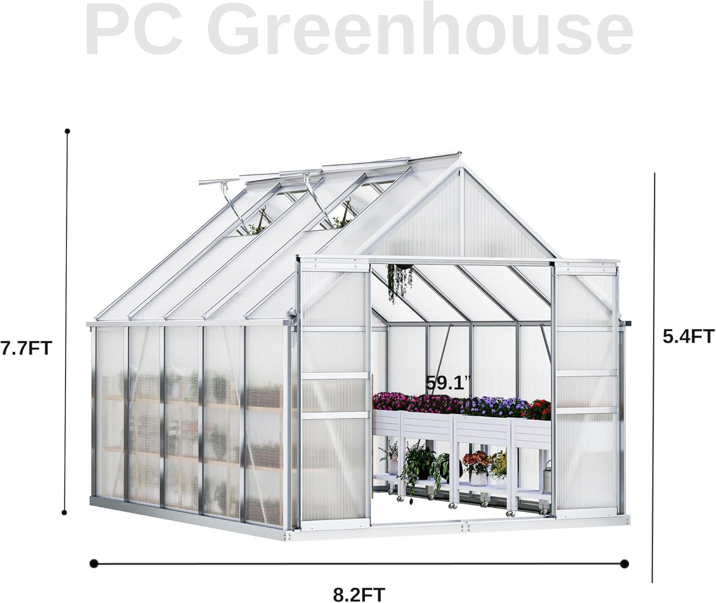YITAHOME 10x8FT Polycarbonate Greenhouse Large Heavy Duty Green Houses Outdoor Aluminum Greenhouses with Sliding Doors Vent Window Premium Walk-in Greenhouse for Garden Backyard, Matte Sliver
