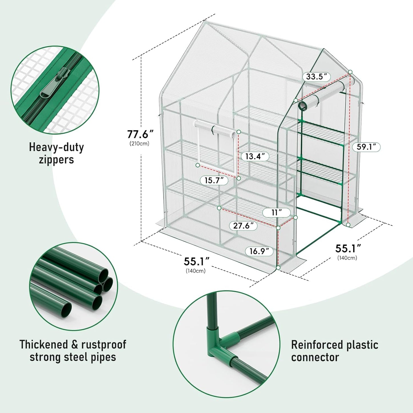 56×56×78Inch Walk-in Greenhouse for Outdoors with Screen Windows, Heavy Duty Small Plant House with Thicken PE Cover and Steel Shelves, Portable Green House for Outside Garden Winter, White