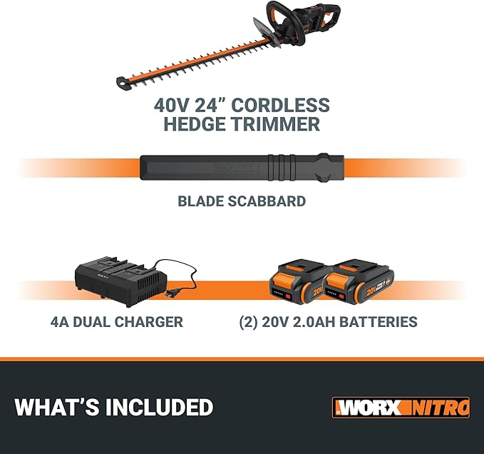 WORX Nitro WG286 24" 40V Cordless Hedge Trimmer, Electric Hedge Trimmer with Dual-Action Blades & 3400 SPM, Brushless Bush Trimmer with 180° Rotating Handle, 2 Batteries & Charger Included