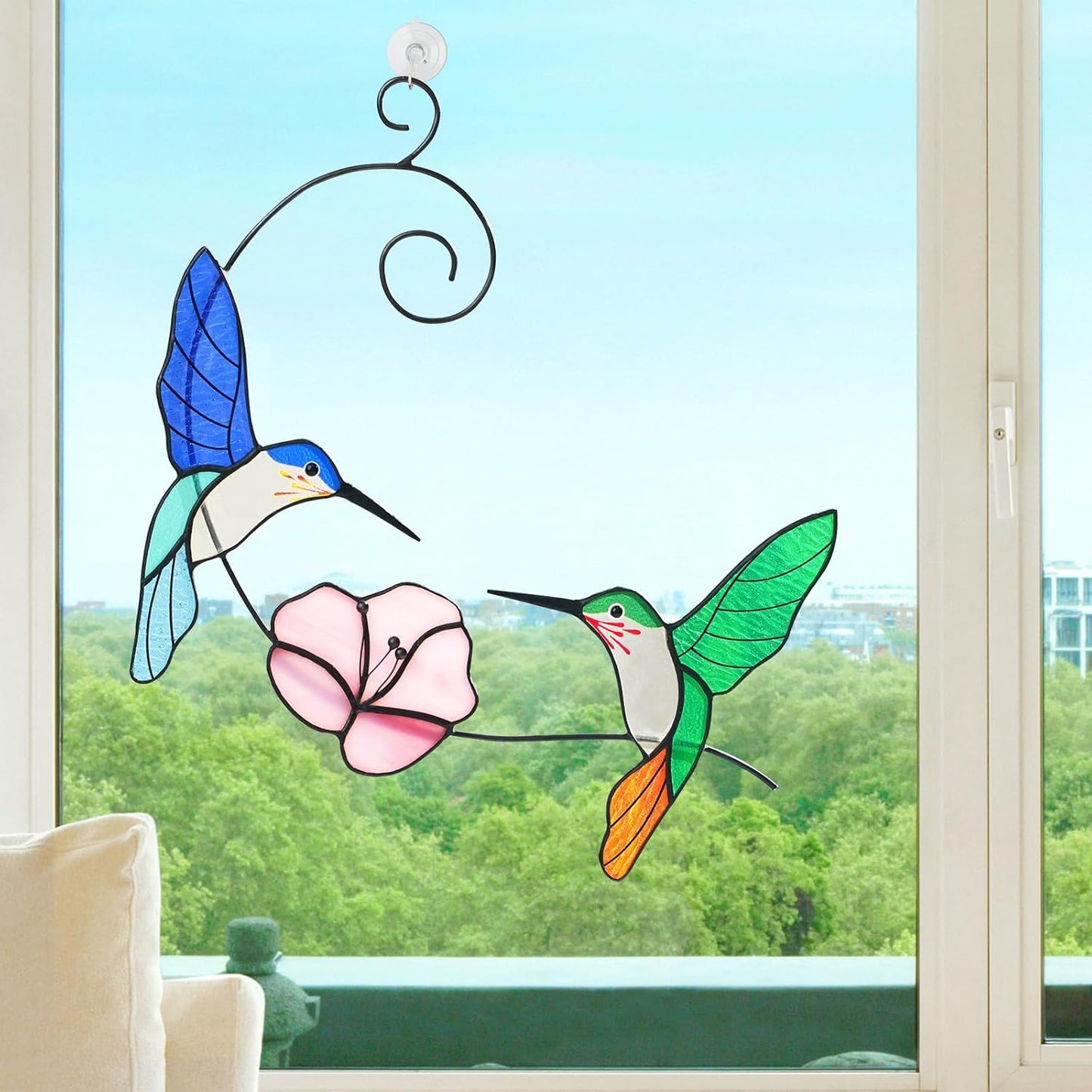 Hummingbird Stained Glass Window Hanging, Handmade Humming Bird with Flower Suncatcher, Sun Catcher Indoor Decor, Home Window Art, Decoration, Gift for Women Mom Bird Lover, 10"(W)X8"(H), Hanger Given