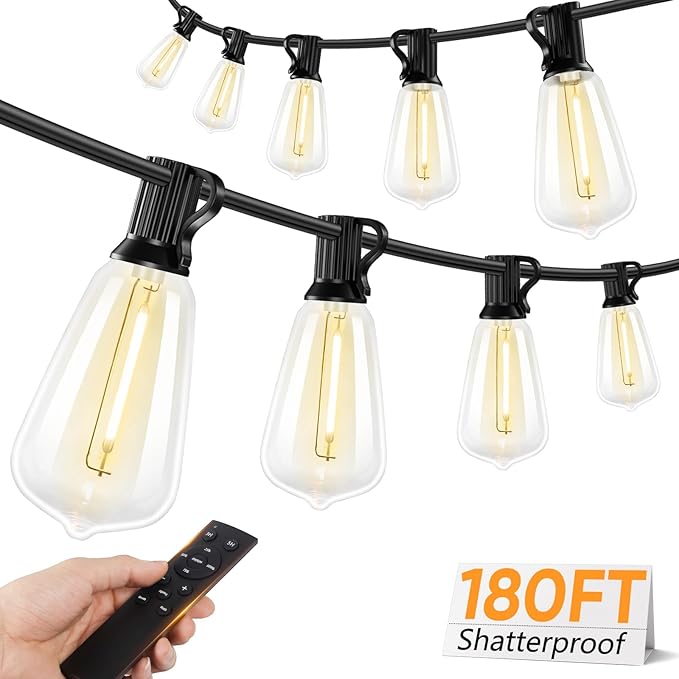 Brightever 180FT LED Outdoor String Lights, Dimmable Patio Lights with Remote Control, 56 Shatterproof ST38 Edison Bulbs, 3 Lighting Modes, 3H/5H Timer, Outdoor Hanging Light for Pool,Fence, Garden