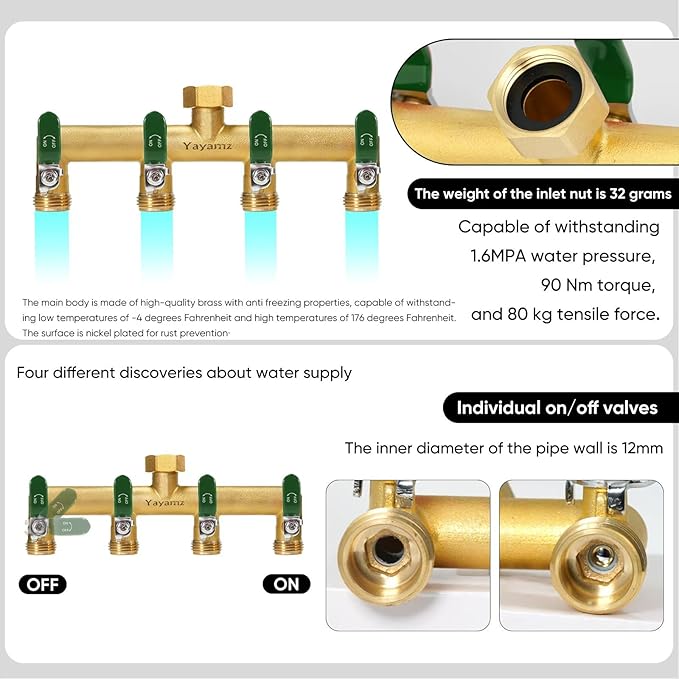 Garden Hose Splitter, 3/4” Rust and Freeze Resistant Outdoor Hose Manifold with 4 green Extra Long Handles Faucet Adapter-Heavy Duty Brass 4-Way Valve