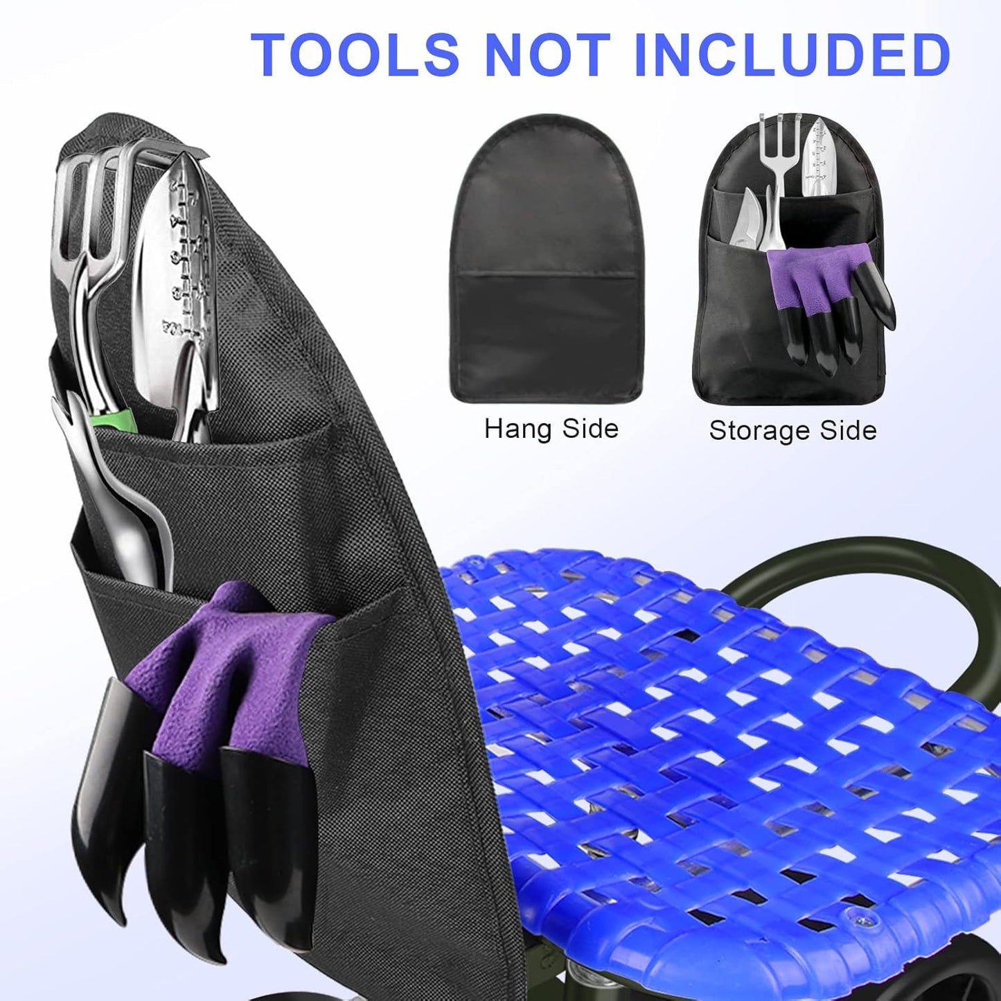 i COVER Garden Cart Rolling Stool Four Wheels with Tool Bag and Two Patio Gloves, Stable Workseat Sturdy Carts Adjustable Seat Height and Direction, Gardening Helper