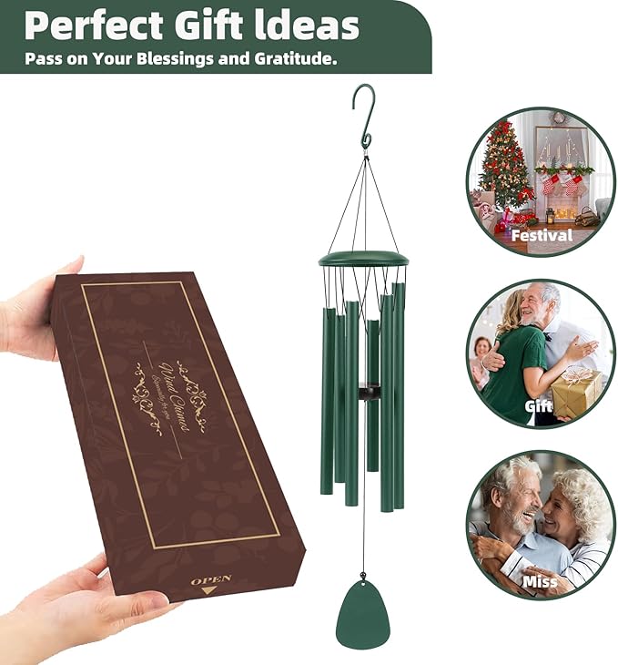Aluminium Wind Chimes 26 Inches to Create a Zen Atmosphere Suitable for Outdoor, Garden, Patio Decoration. Classic Green Wind Chimes with Wind Catcher Suitable as A Gift for Unisex