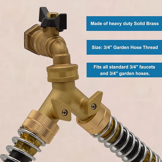 HYDRO MASTER Heavy Duty Brass 2 Way Y Splitter Garden Hose with Comfortable Grip Shut Off Valves, Adapter for Water Tap, Outlet, & Spigot, Includes Extra Rubber Washers