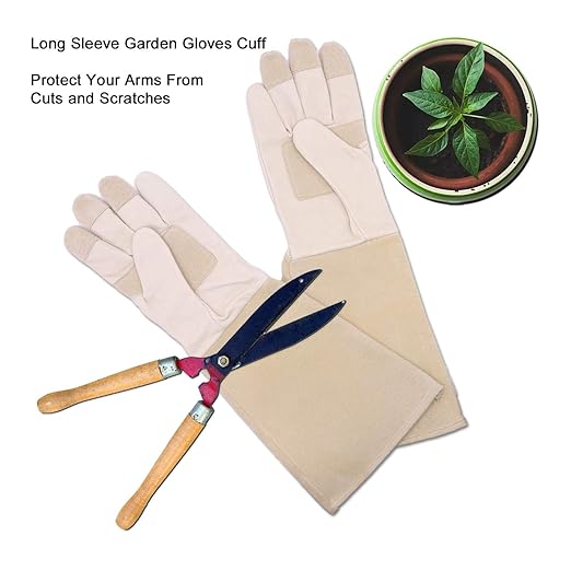 HLDD HANDLANDY Long Sleeve Leather Gardening Gloves,Puncture resistant,Breathable Pigskin Leather Gauntlet,Rose Pruning Floral Gauntlet Garden Gloves For Women and Men (Medium, Beige)