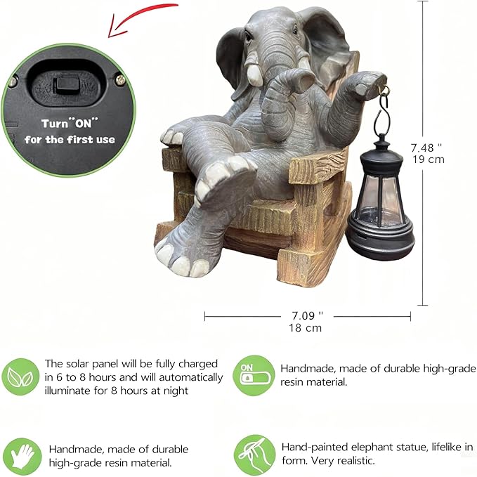 Solar Light Rocking Chair Elephant Statue in Garden-8.2''Outdoor Figurine Ornament,Funny Sculpture for Indoor Decor & Unique Gift Choice for Christmas,Thanksgiving,Mother's Day,Birthday!