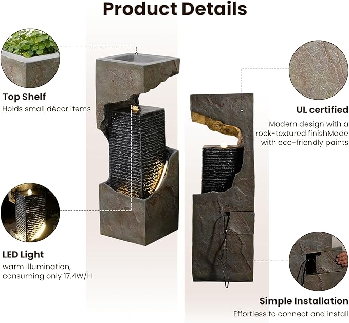 35.4" H Water Fall Fountains Indoor Waterfall Fountain Outdoor with LED Lights Floor-Standing for Outside Garden, Patio, Backyard, Deck Decor, Pool, Porch, Landscaping, Balconies