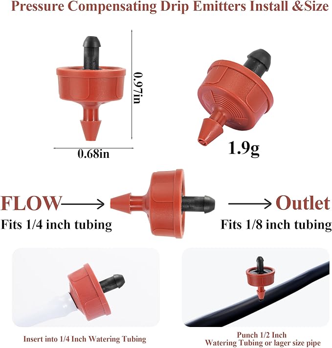 30Pcs 1 GPH Pressure Compensating Irrigation Spot Drippers,Constant Flow Barb Outlet Watering Dripper Emitters Heads Parts for 1/4 Inch Watering Tubing Line for Garden Pots Plant Irrigation Systems