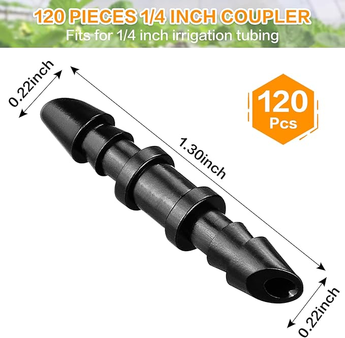 Drip Irrigation Coupling Fittings:120 Pieces Barbed Coupler Irrigation Parts with Sharp End Fits for 1/4 Inch Irrigation Tubing Drip Line Connectors for Garden Lawn Irrigation System