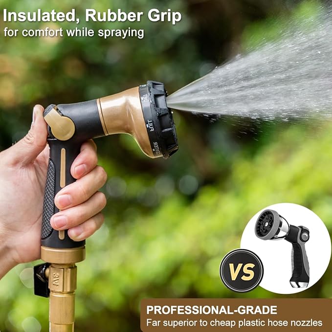 FANHAO Garden Hose Nozzle Heavy Duty, 100% Metal Water Hose Sprayer with 8 Spray Patterns, High Pressure Spray Nozzle Thumb Control On Off Valve for Lawn & Plant Watering, Car & Pet Washing - Khaki