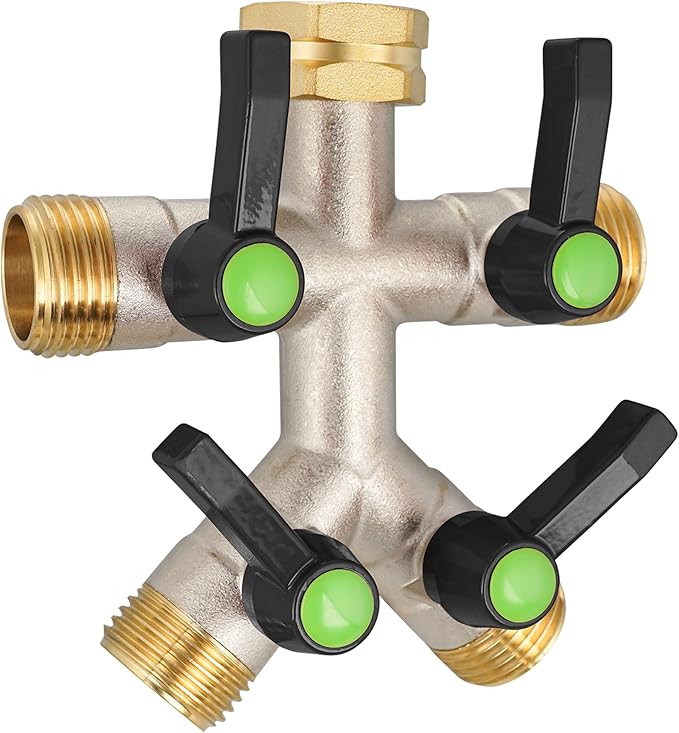 4 Way Hose Splitter, Brass High Flow Garden Hose Splitter Heavy Duty, Hose Connector, Water Spigot Splitter, Full Flow Faucet Splitter with shutoff, 3/4” GHT Inlet