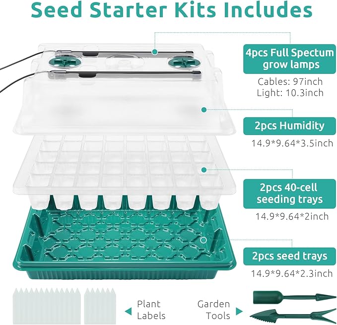 Seedfactor 2 Packs Seed Starter Tray with Grow Light, 40-Cell Seedling Starter Trays Kit with Automatic Timer, Adjustable Light, Full Spectrum, Humidity Dome, Seedling Tray for Plants Indoor-Clear