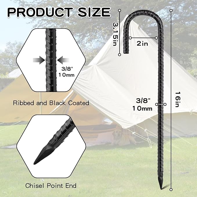 Black Rebar Stakes 16inx10mm Galvanized J Hook 20pcs – Heavy Duty Ground Tent Stakes for Fence,Bounce House,Outdoor Plants,Artificial Turf,Dog Coop,Metal Stakes for Christmas Decorations