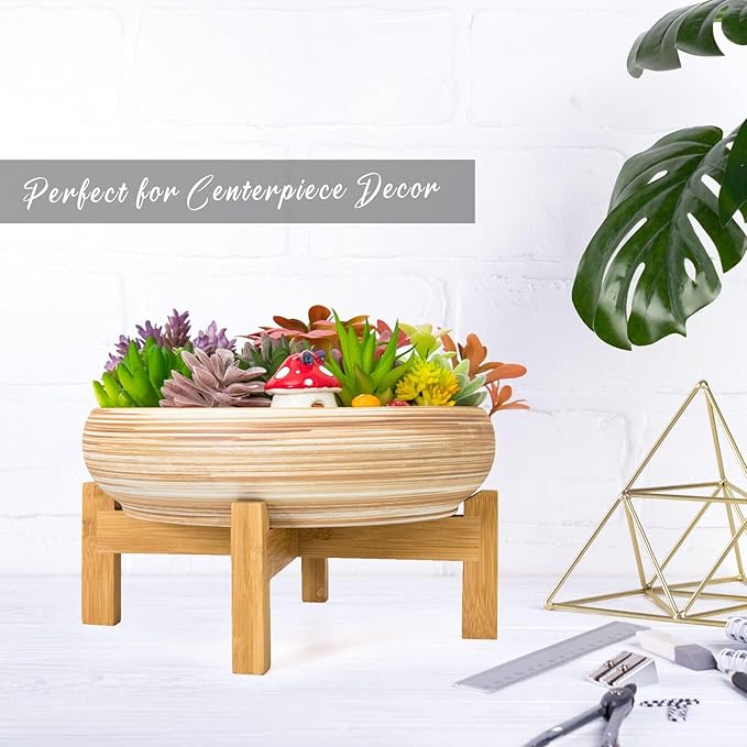 ARTKETTY Succulent Pots - 10 Inch Large Bonsai Pots with Drainage Stand, Ceramic Plant Pots Shallow Succulent Planters for Indoor Plants Decorative Cactus Flower Planter Bowl