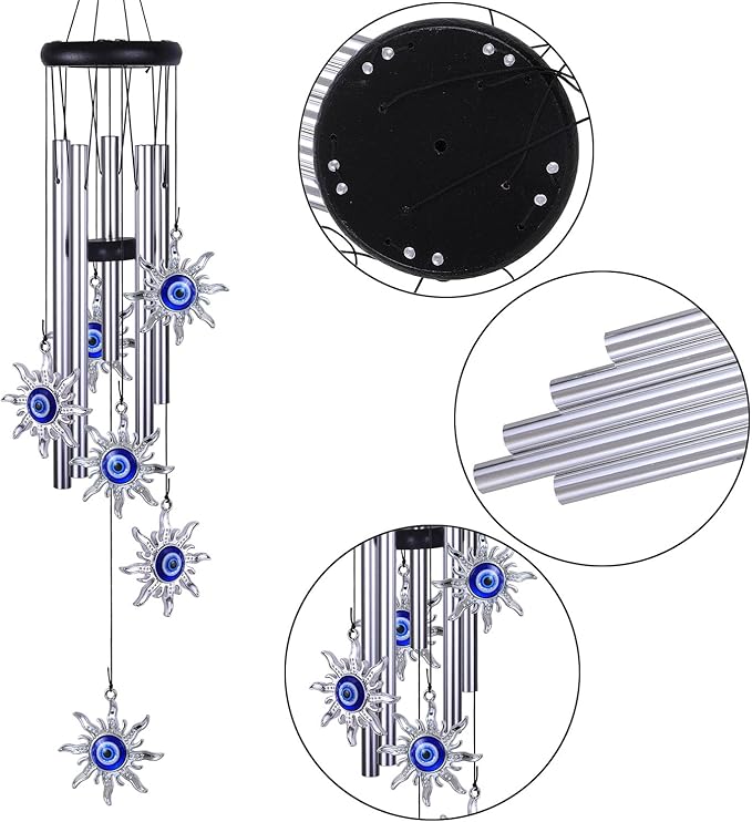 Blue Evil Eye Sun Wind Chimes Outdoor Decor, Mobile Sun Evil Eye Windcatcher, Evil Eye Sun Wind Bells, Sun Blue Evil Eye Amulet Wind Chimes for Home, Gift for Mom, Balcony, Patio, Garden Decoration