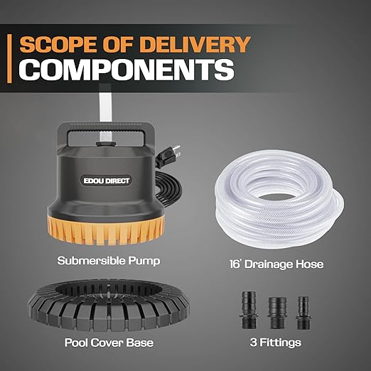 EDOU Pool Pump - Dual Usage Submersible & Pool Cover Pump - 850 GPH Flow Rate - Ideal for Water Draining - Ultra Quiet Pump - Includes 3 Adapters 1/4" 1/2" & 3/4", 25ft Power Cord & 16ft Drainage Hose