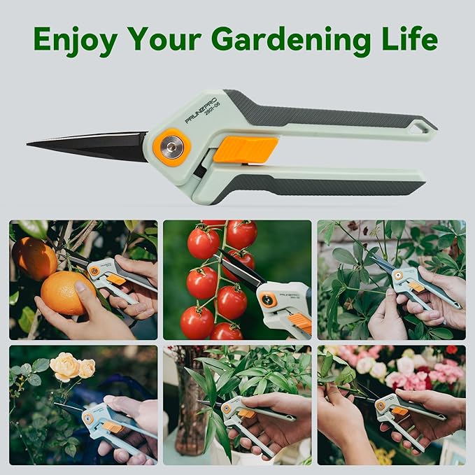 PrunePro Garden Scissors Pruning Shears Sharp Stainless Steel Non-Stick Teflon Coating Blade for Precise Cuts Garden Snip Bonsai Clippers for Plants Rose Flower Green & Orange