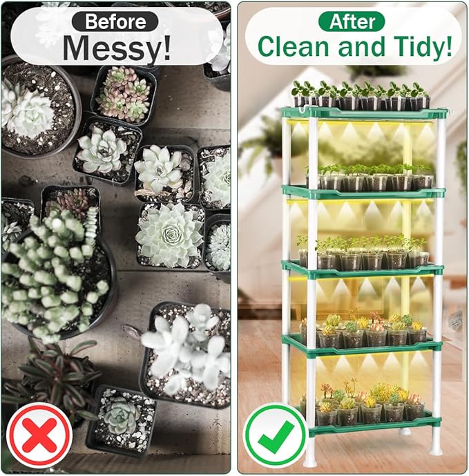Seed Starter Tray Unit, 5-Tier Plant Stand with 4 LED Grow Lights & 90 Pack 2.5 Inch Clear Nursery Pots – for Indoor Gardening, Herb, Seedling Kits & Small Greenery
