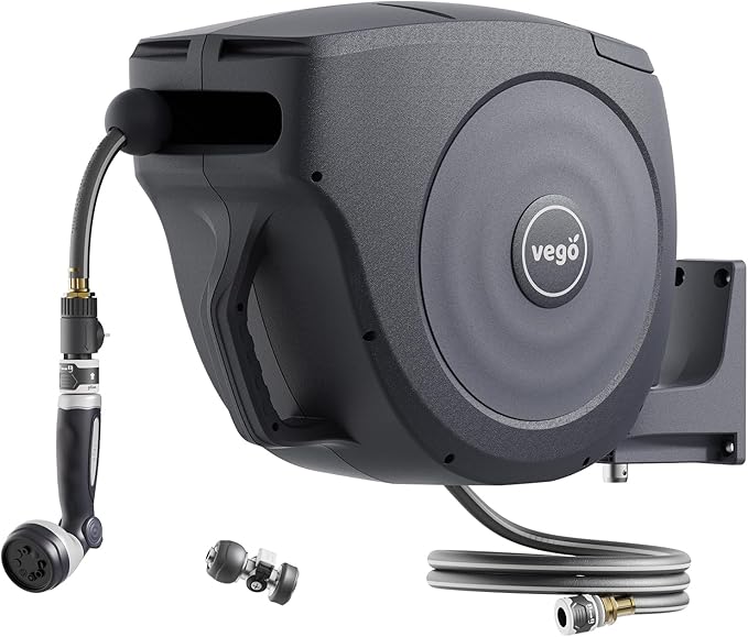 Vego Garden Hose Reel Retractable Hi-Flow Wall Mounted Hose Reel Automatic Rewind, Any Length Lock with 9 Patterns Sprayer Nozzle, Quick Connector and Adjustable shot Nozzle (Tidepool Blue, 82ft)
