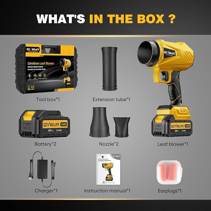 GEVEELIFE 2025 Upgraded Leaf Blower Cordless-800000 RPM Turbo Jet Blower with 2×5.0Ah Batteries & Fast Charger,Handheld Blower for Patio,Leaves, Lawn, Yard, Dust,Snow,Car Cleaning