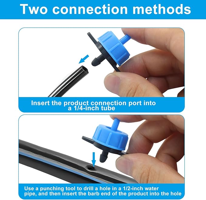 50 Pack 1/2 GPH Pressure Compensating Drip Irrigation Emitters, Premium Plastic Drip Sprinklers for 1/4" Tubing for Indoor/Outdoor Plants, Gardens & Landscapes