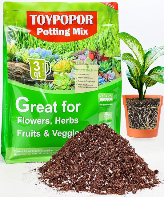 TOYPOPOR Potting Soil for All Indoor Houseplants, (3qt) Contains Perlite, Peat Moss, Coco Coir and Rice Charcoal, Well Draining Potting Mix Light, Aerated Texture for Healthy Plant Roots, Fast Growth