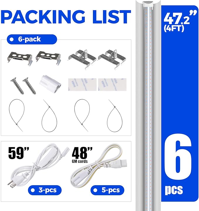 Barrina 4FT T8 Plant Grow Light, 252W(6 x 42W, 1400W Equivalent), Full Spectrum, LED Growing Lamp Fixture for Indoor Plant Growing, with ON/Off Switch & V-Shaped Reflector, Pinkish White, 6-Pack