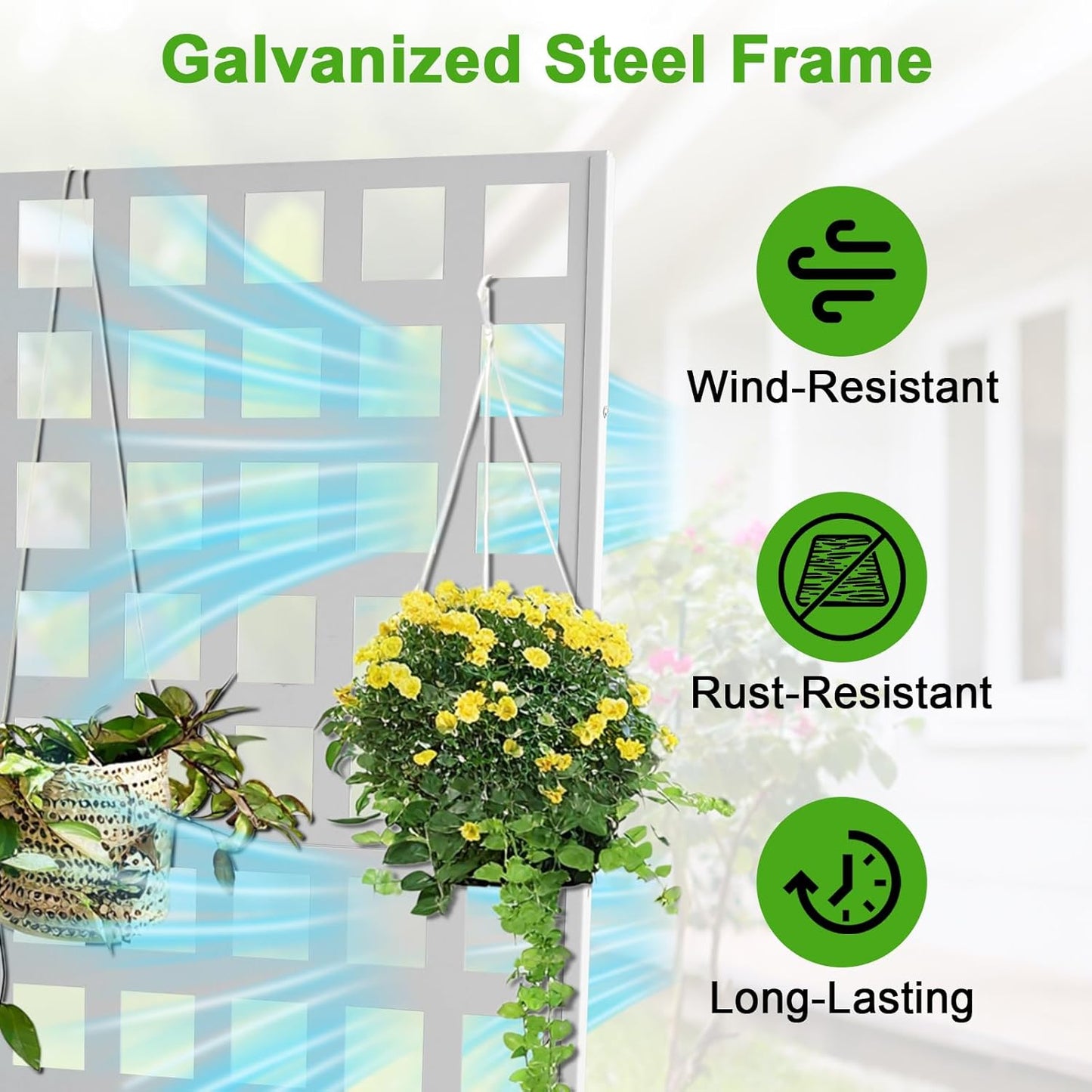 GarveeLife Metal Planter Box with Trellis, 73"x47"x12" Raised Garden Bed with Trellis & Wheels, Outdoor Garden Box with Privacy Screen & Drainage Holes for Climbing Plants Flower Vegetable, White