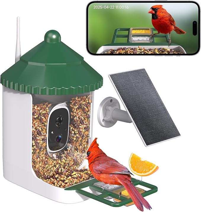 Bird Feeder with Camera AI Identify 2K Live Video Smart Bird Feeder with Camera, 2.4GHZ WiFi Solar Birds House Cameras, Motion Detection Instant Arrival Alerts, Ideal Present for Birds Lovers